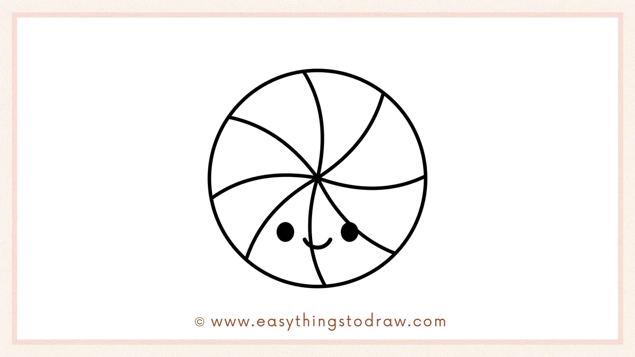 Step 6 of simple peppermint candy drawing tutorial – Two small eyes and a smiling mouth are drawn at the bottom.