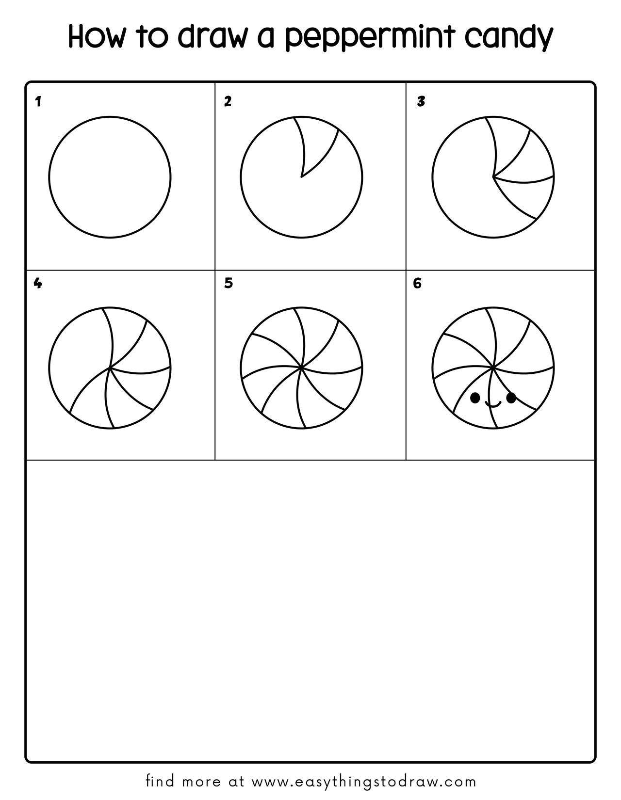 Step-by-step drawing tutorial showing how to draw a cute peppermint candy in 6 easy steps for kids and beginners.
