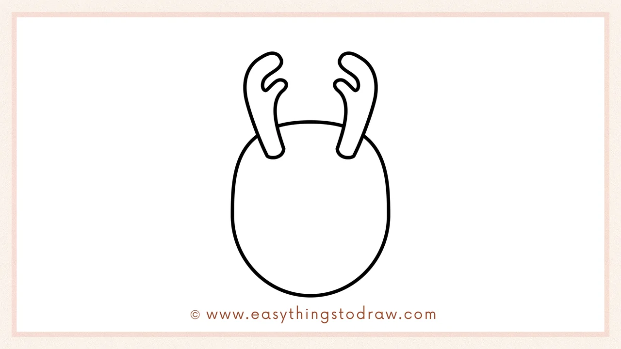 Step 2 of drawing a Rudolph the Red-Nosed Reindeer – Adding a large oval head shape directly underneath the antlers.