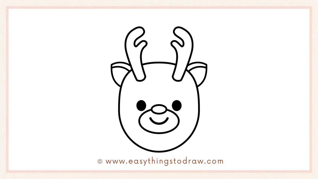 Step 6 of a simple Rudolph the Red-Nosed Reindeer drawing tutorial – Adding a curved smile and snout outline to complete the face.