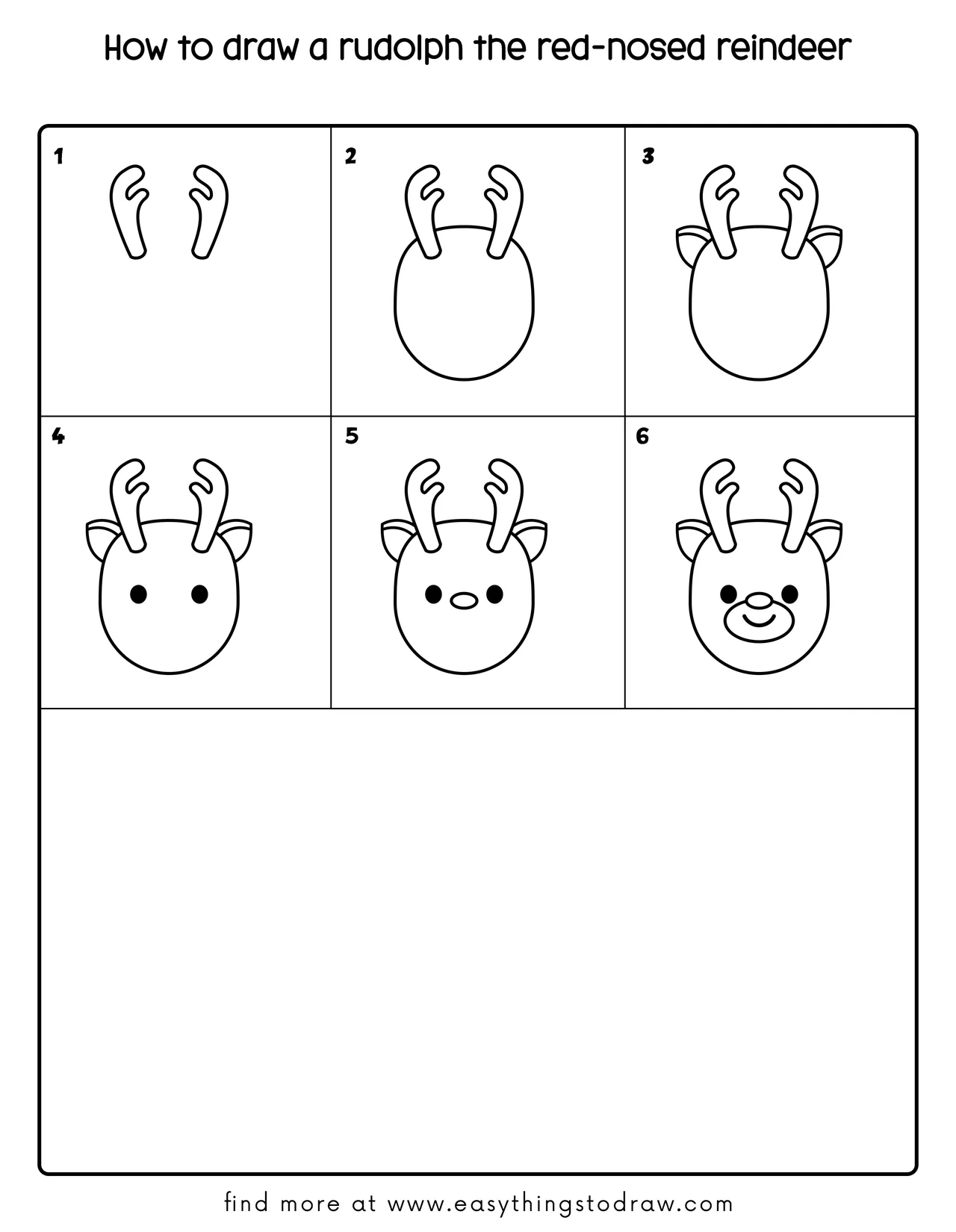 Step-by-step drawing tutorial showing how to draw a cute Rudolph the Red-Nosed Reindeer in 6 easy steps for kids and beginners.