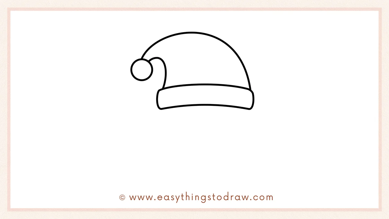 Step 2 of drawing a Santa Claus – Adding a large, drooping triangle shape above the brim and a circle for the pom-pom.