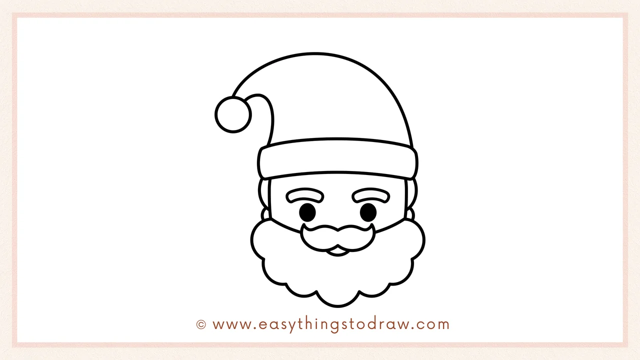 Step 6 of a simple Santa Claus drawing tutorial – Completing the face with two oval eyes, eyebrows, and a small smile.