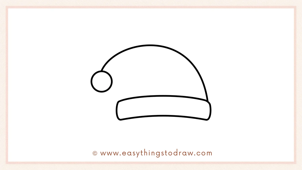 Step 3 of sketching a Santa hat for beginners – A large curved line is drawn from the band up and over the pom-pom.