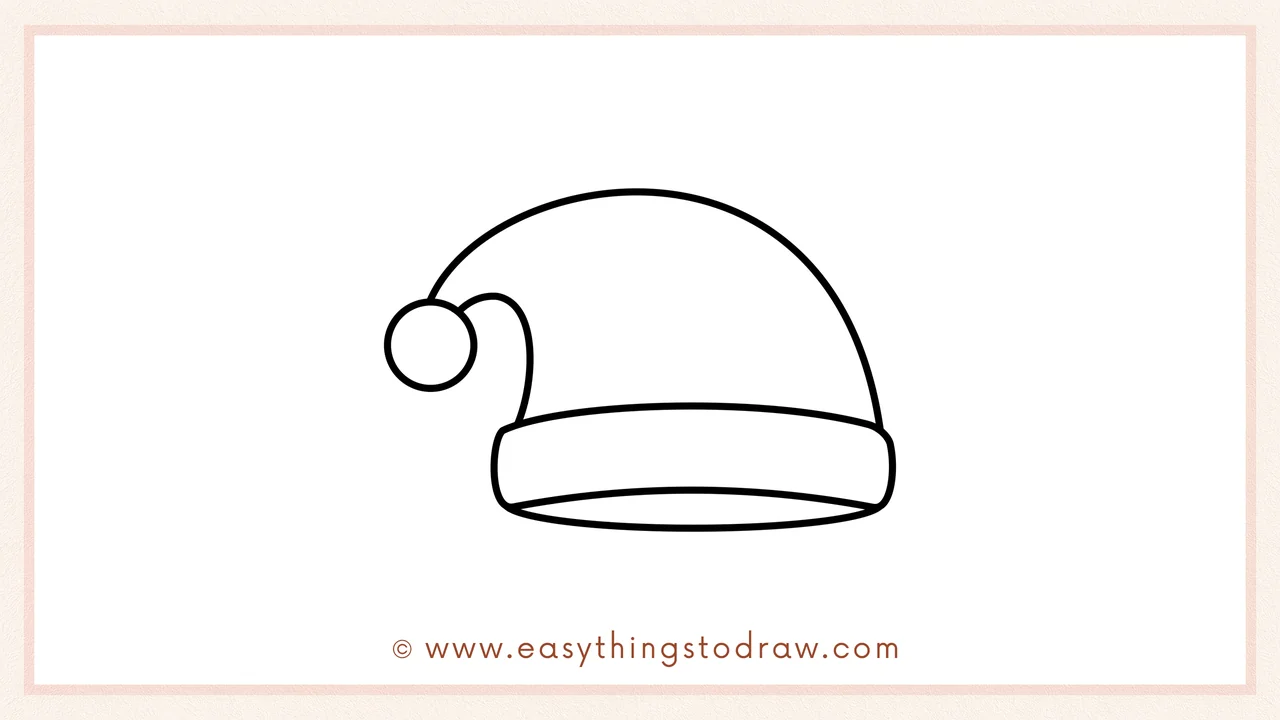 Step 5 of easy Santa hat drawing steps – Refining the hat's shape and adding fluffy details around the pom-pom.