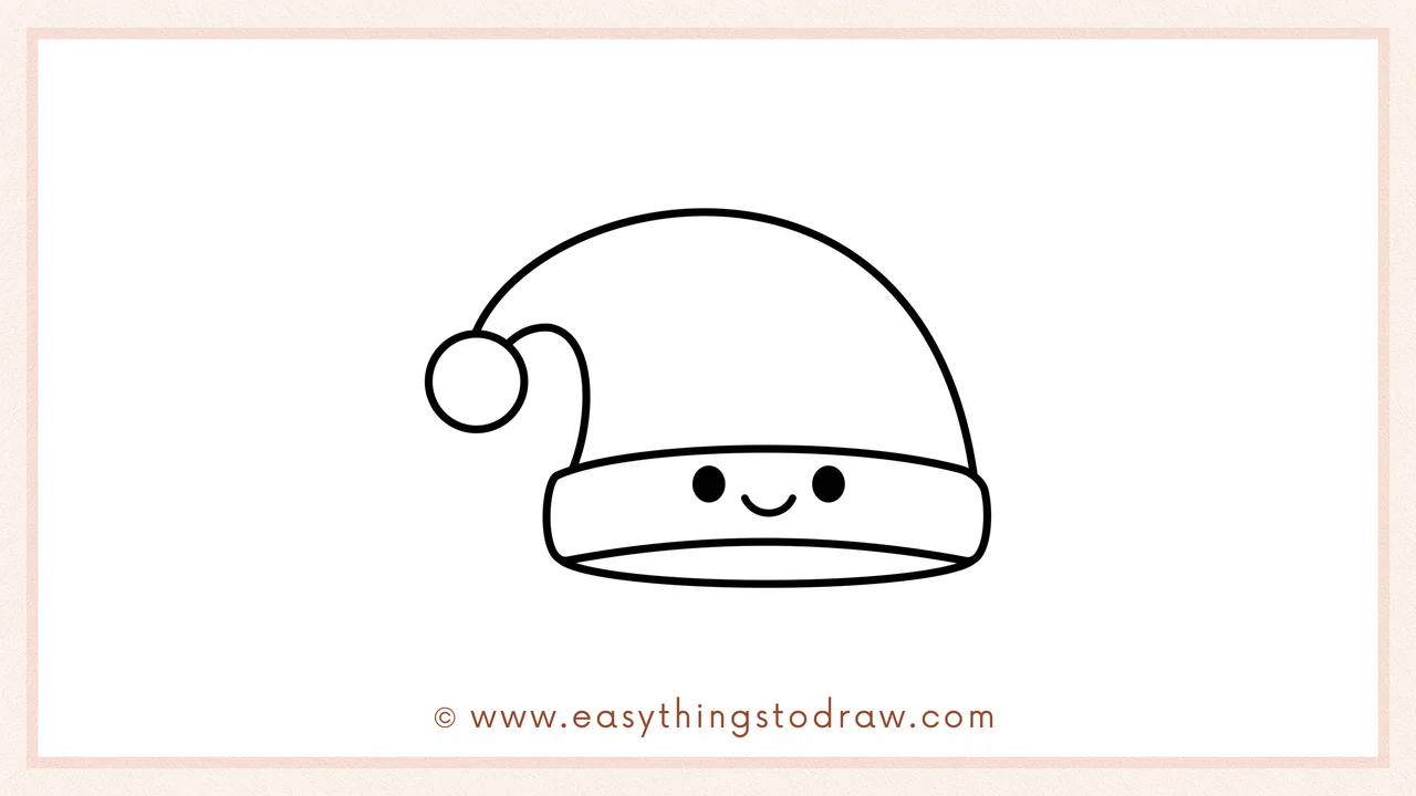 Step 6 of a simple Santa hat drawing tutorial – Adding two small eyes and a smiling mouth on the band for a cute expression.