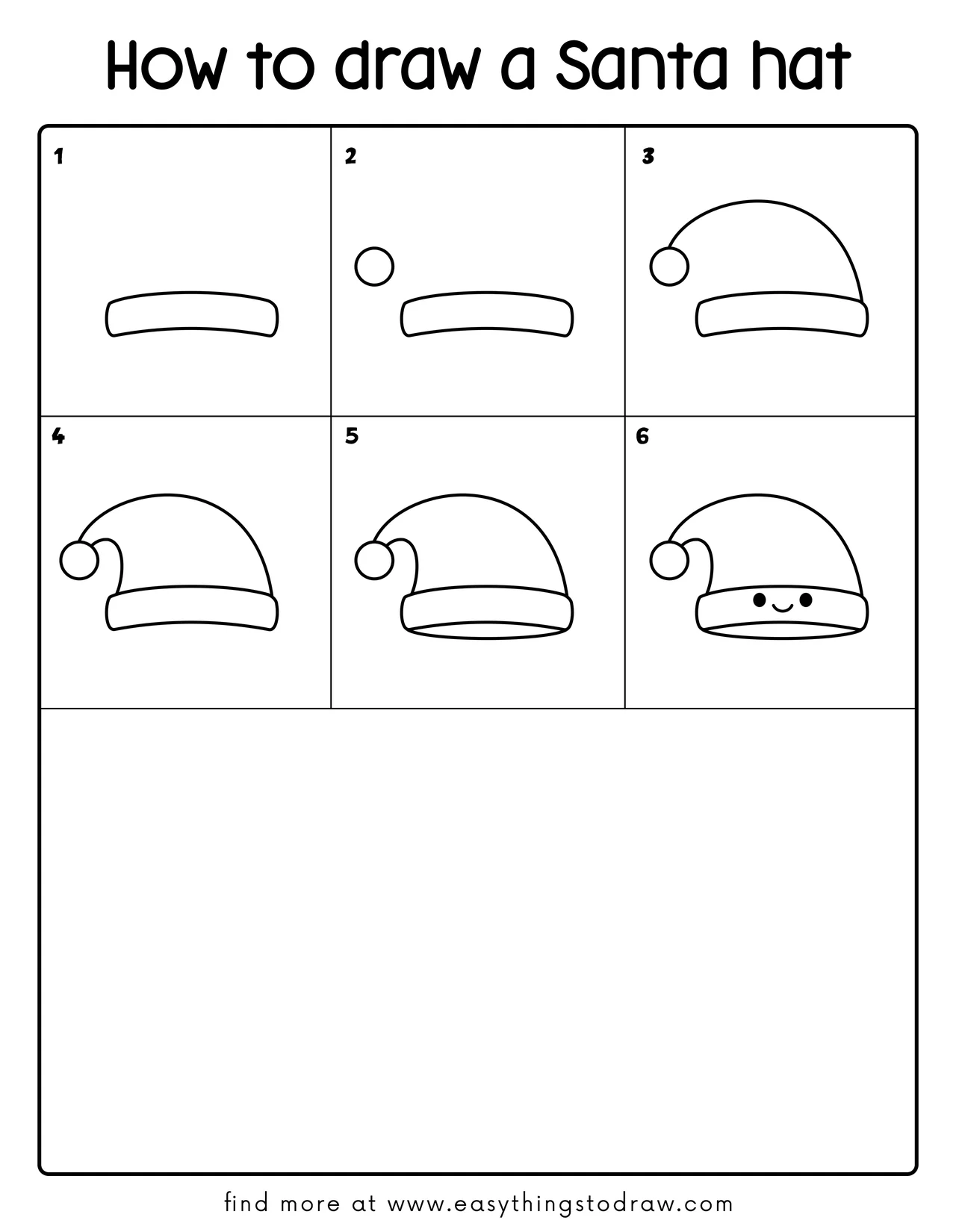 Step-by-step drawing tutorial showing how to draw a cute Santa hat in 6 easy steps for kids and beginners.