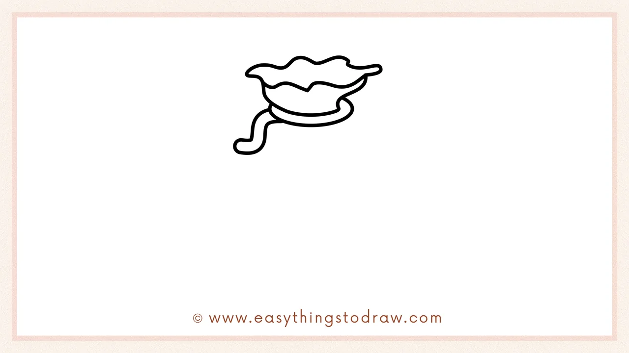Step 3 of sketching a Santa's gift bag for beginners – Drawing an oval for the knot and a curling string for the ribbon.