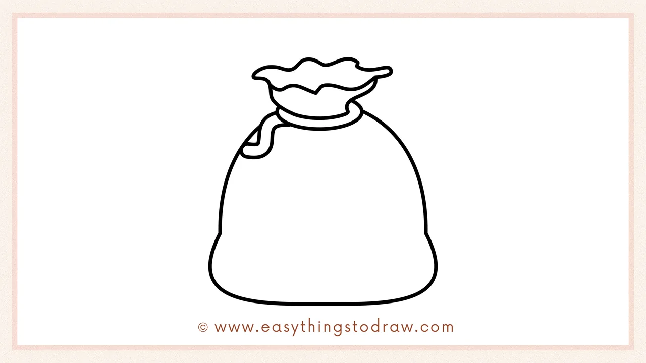 Step 4 of a step-by-step Santa's gift bag sketch – Drawing two large curving lines down from the knot to form the round body.