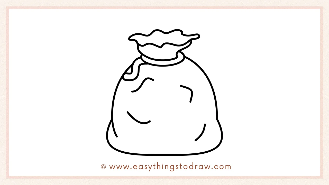 Step 5 of easy Santa's gift bag drawing steps – Adding a few gentle curved lines on the bag's body to show fabric folds.