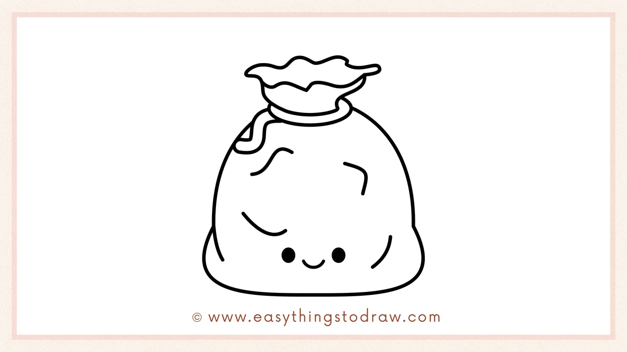 Step 6 of a simple Santa's gift bag drawing tutorial – Adding two small oval eyes and a happy smile to give the bag a cute face.