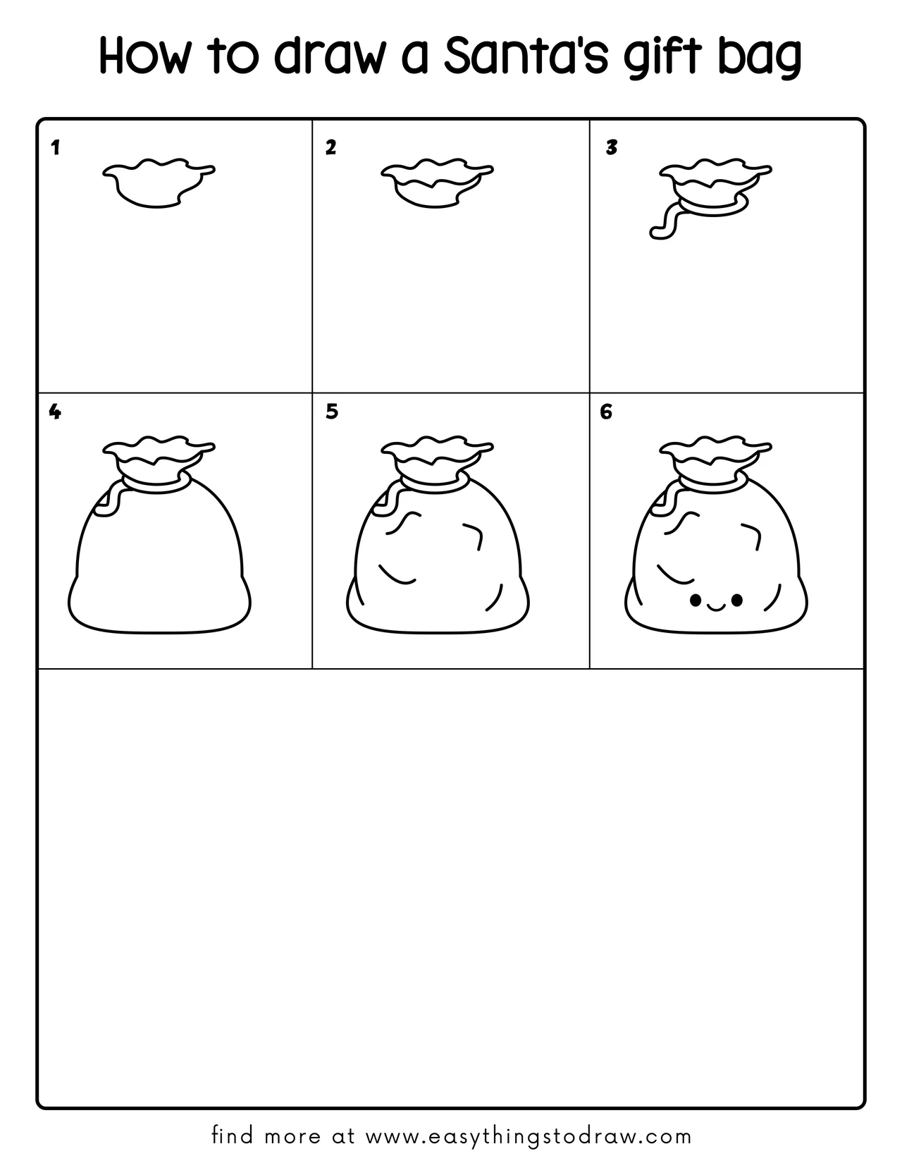 Step-by-step grid showing how to draw a cute Santa's gift bag in 6 easy steps for kids and beginners.