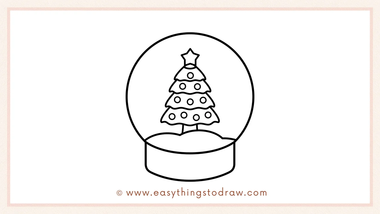 Step 4 of a step-by-step snow globe sketch – A small Christmas tree with a star is added in the center.