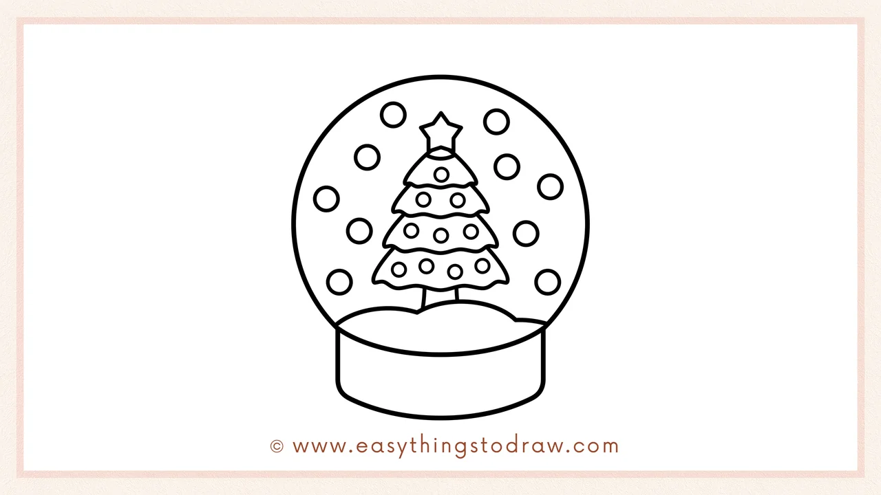 Step 5 of easy snow globe drawing steps – Small circles are scattered inside the globe to represent falling snow.