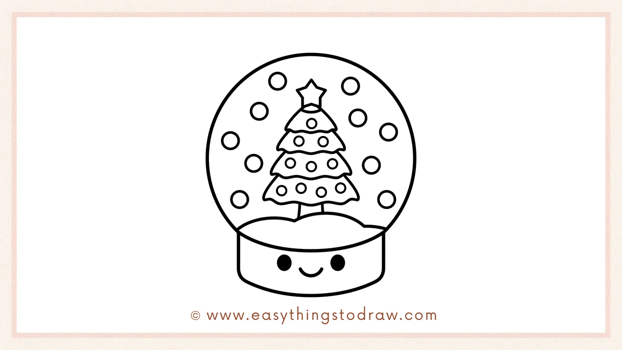 Step 6 of a simple snow globe drawing tutorial – Two dots for eyes and a smile are added to the base.