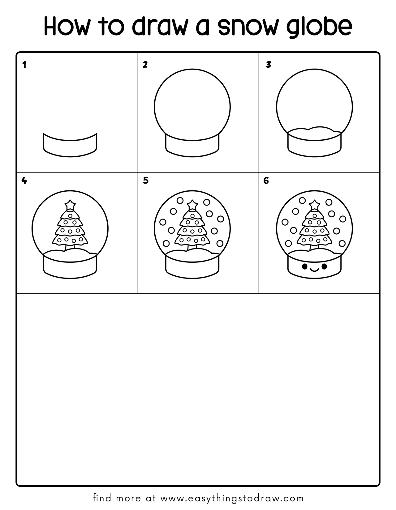 Step-by-step drawing tutorial showing how to draw a cute snow globe in 6 easy steps for kids and beginners.