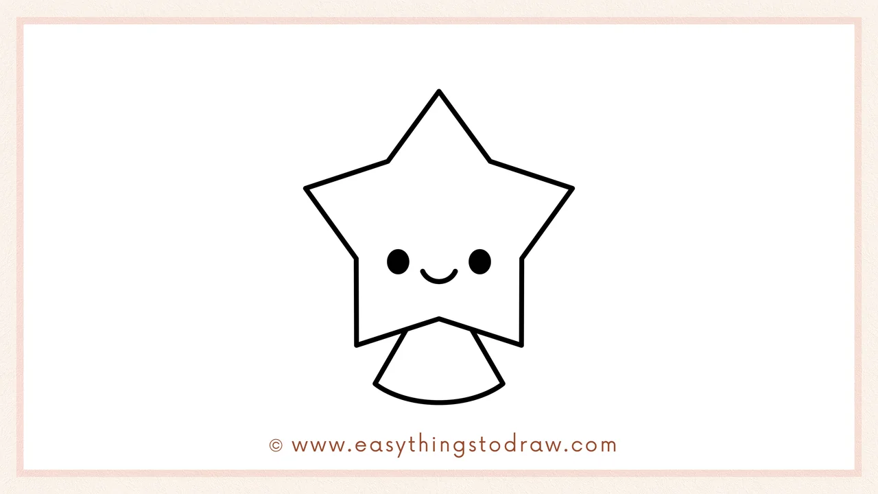 Step 6 of a simple star drawing tutorial – Adding two small oval eyes and a curved smile to give the star a happy personality.