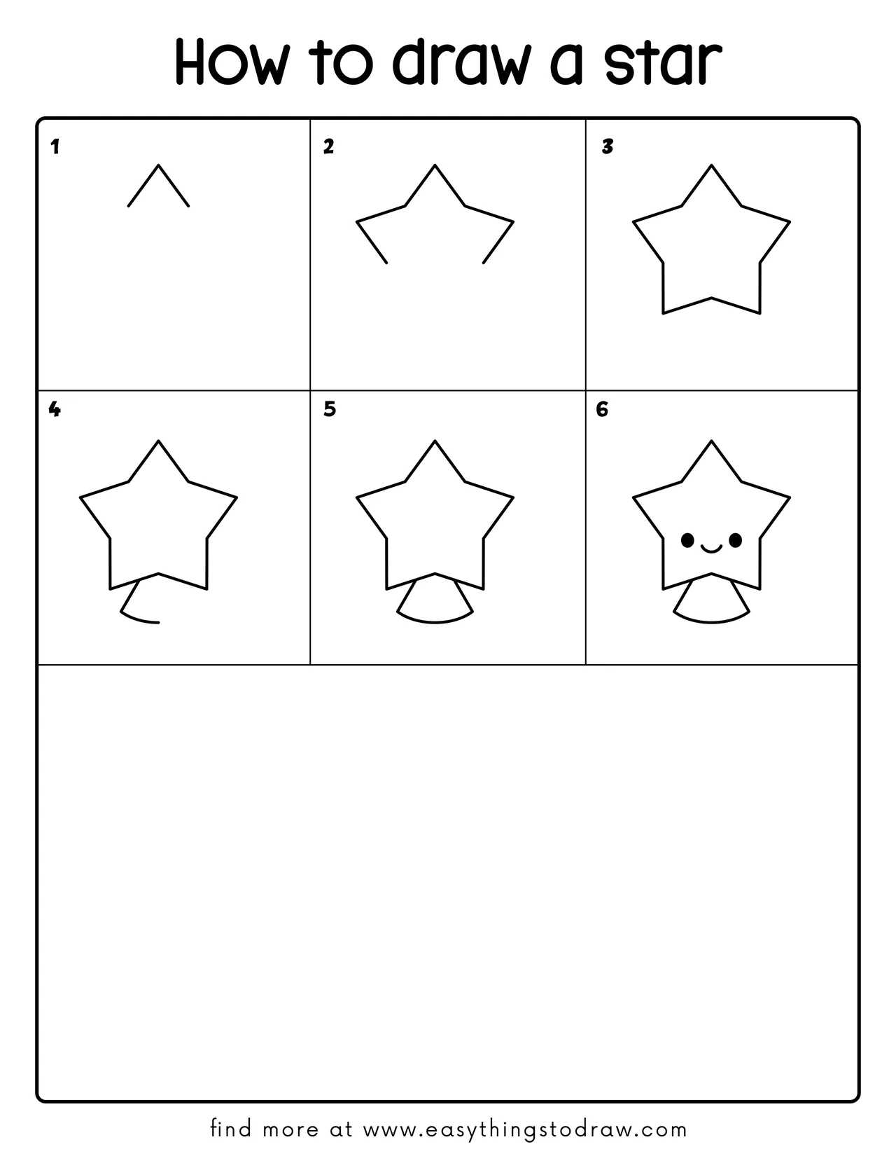 Step-by-step drawing tutorial showing how to draw a cute star in 6 easy steps for kids and beginners.