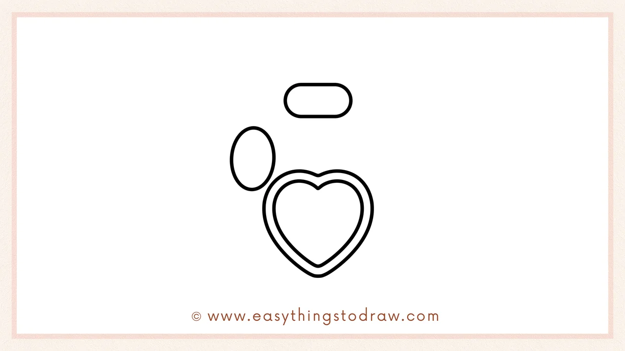 Step 3 of sketching a valentine perfume bottle for beginners – sketching a small oval and a pill shape above the hearts for the bottle's cap.