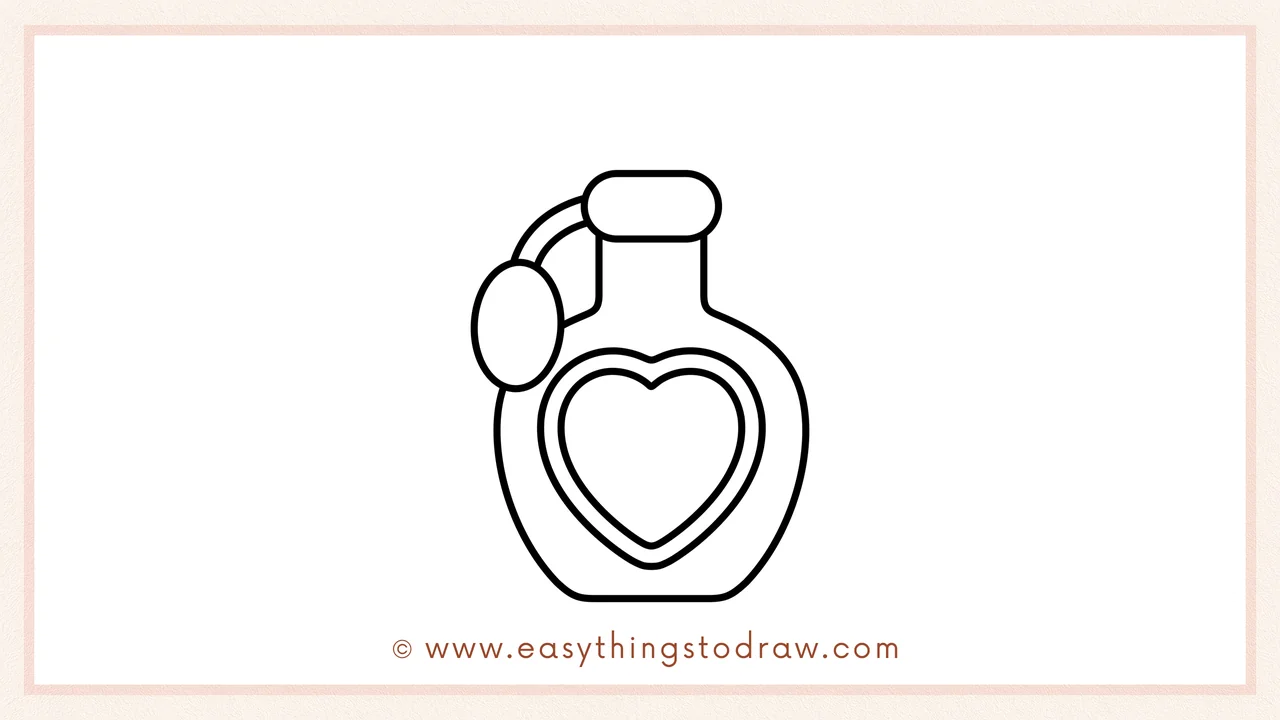 Step 4 of a step-by-step valentine perfume bottle sketch – drawing the main bottle body around the heart and adding the pump bulb and tube.