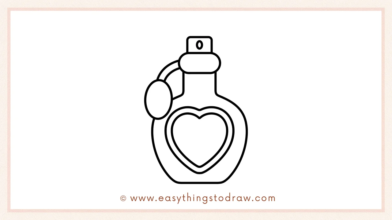 Step 5 of easy valentine perfume bottle drawing steps – adding a small circle on the top piece to represent the spray nozzle.