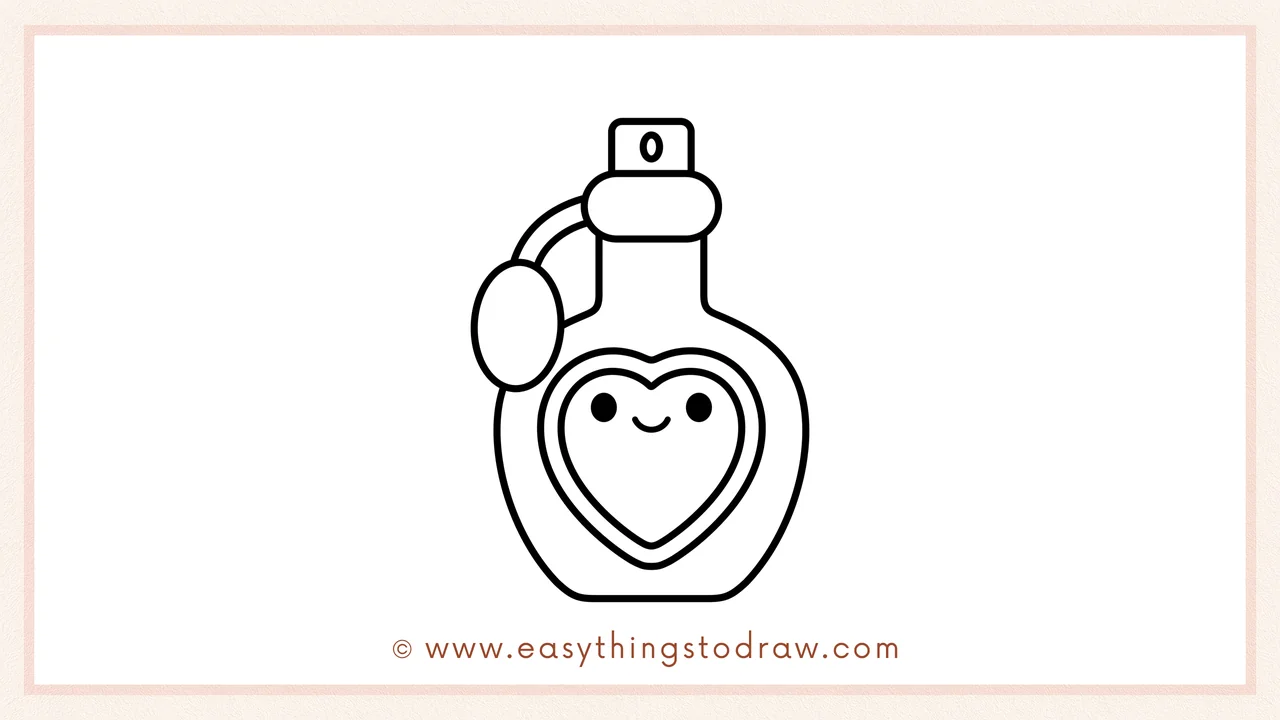 Step 6 of a simple valentine perfume bottle drawing tutorial – drawing two dots for eyes and a smiling mouth inside the inner heart.
