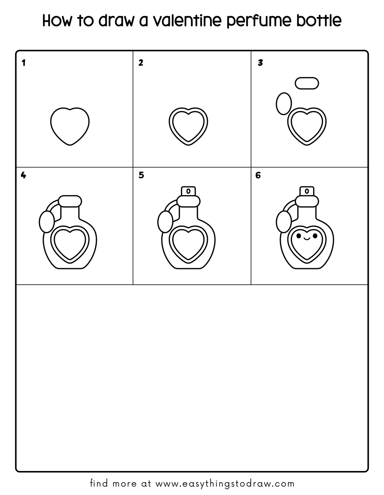 Step-by-step drawing tutorial showing how to draw a cute valentine perfume bottle in 6 easy steps for kids and beginners.