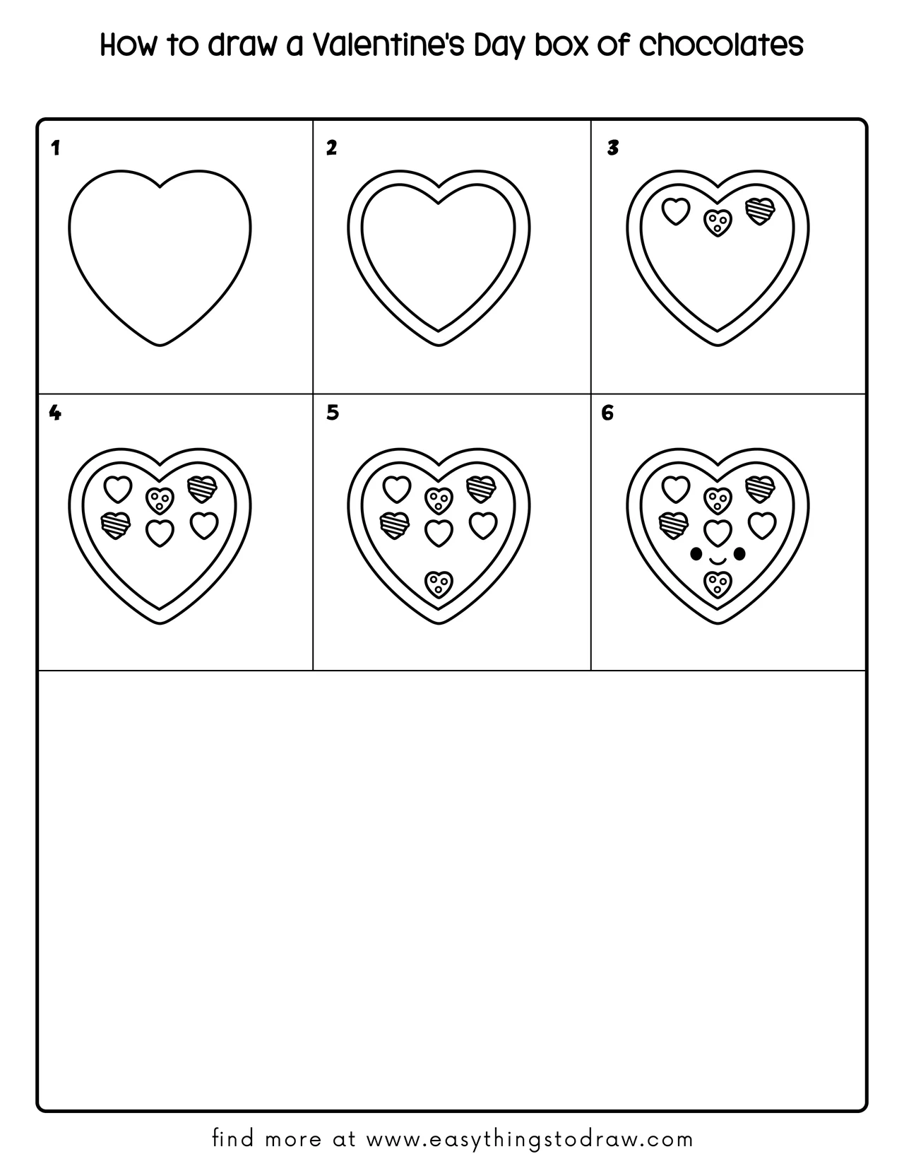 Step-by-step drawing tutorial showing how to draw a cute Valentine's Day box of chocolates in 6 easy steps for kids and beginners.