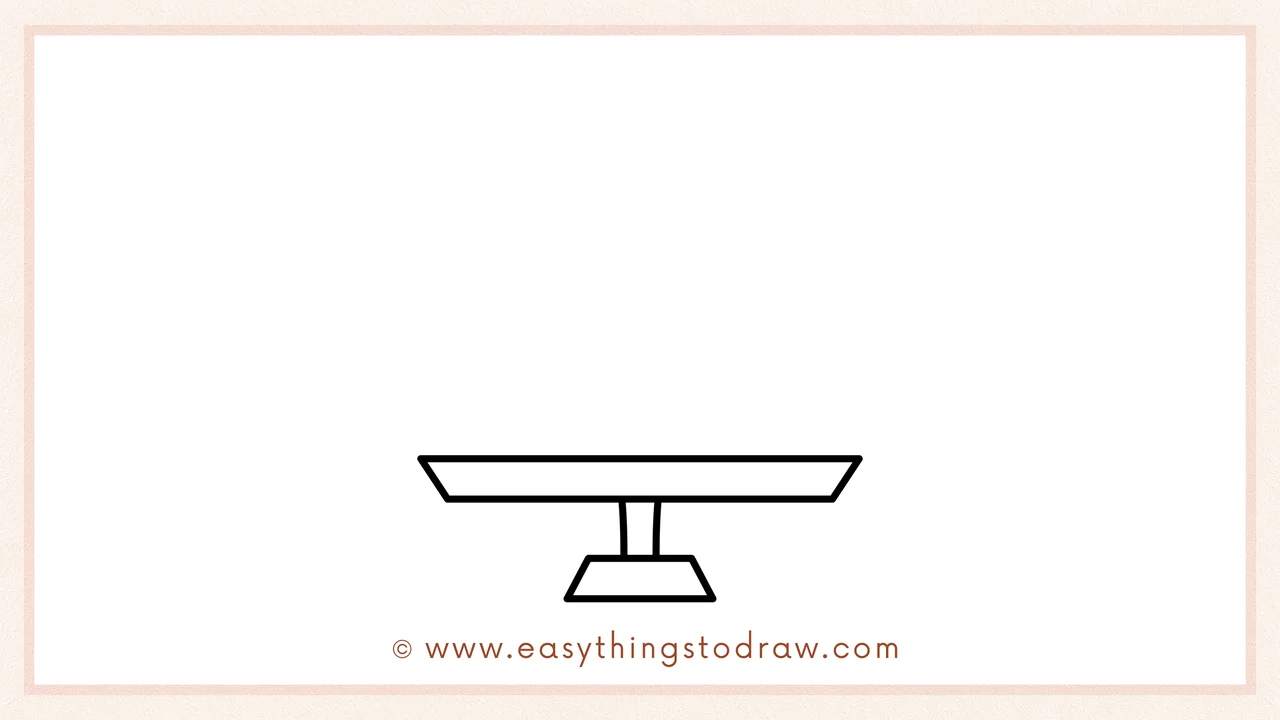 Step 1 of how to draw a valentines day cake – Sketching a wide oval for the plate and a trapezoid base for the stand.