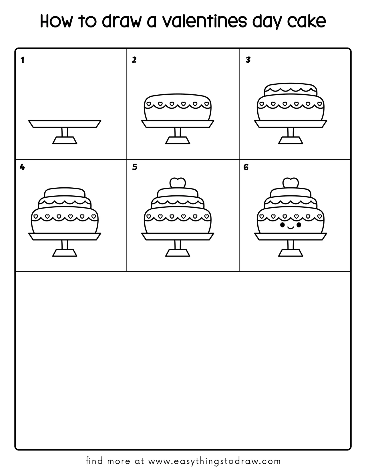 Step-by-step drawing tutorial showing how to draw a cute Valentine's Day cake in 6 easy steps for kids and beginners.