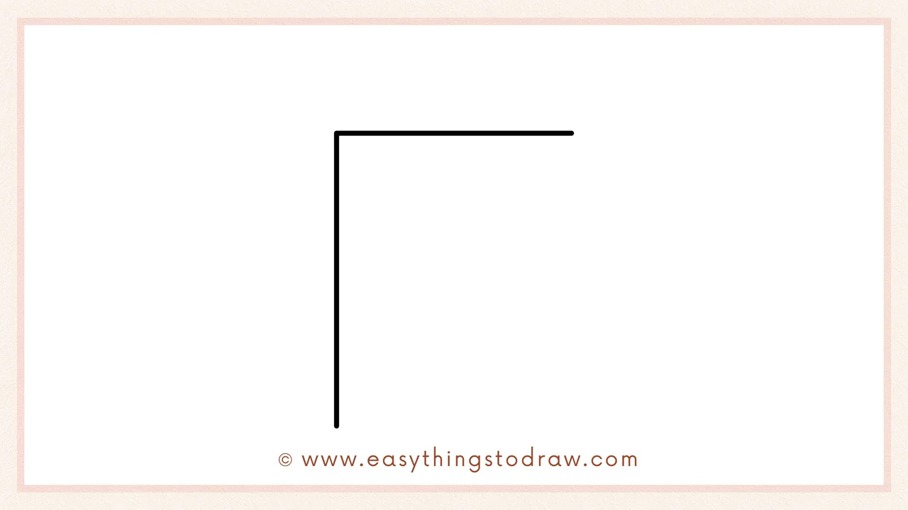 Step 1 of how to draw a valentines day card – Drawing an 'L' shape with a vertical and horizontal line to start the card's outline.