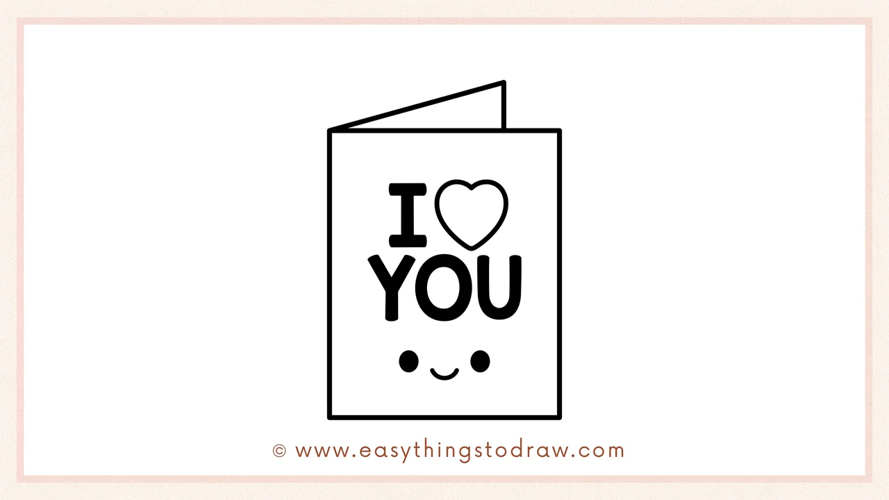 Step 6 of a simple valentines day card drawing tutorial – Drawing two small eyes and a smiling mouth at the bottom of the card.
