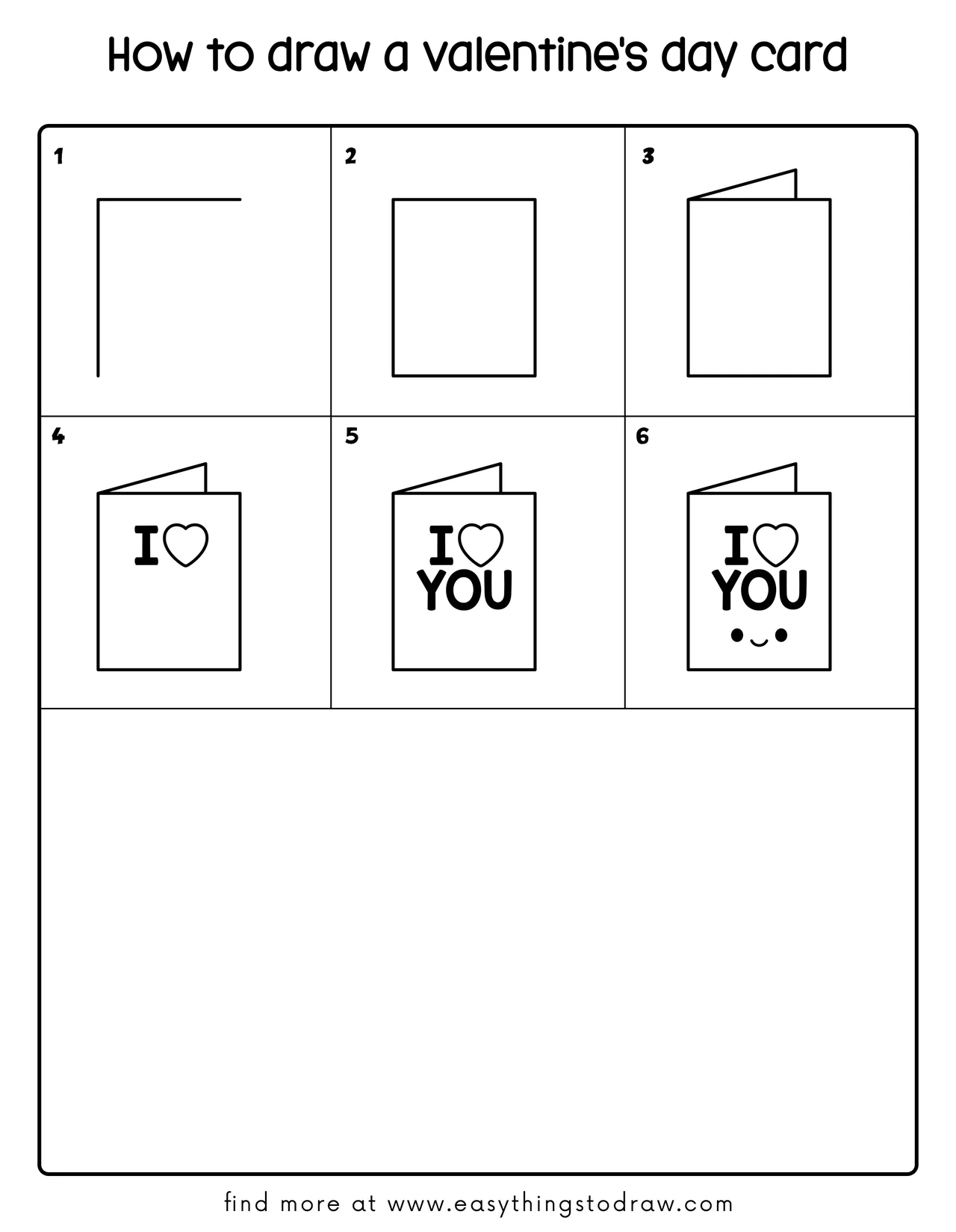 Step-by-step drawing tutorial showing how to draw a cute Valentine's Day card in 6 easy steps for kids and beginners.