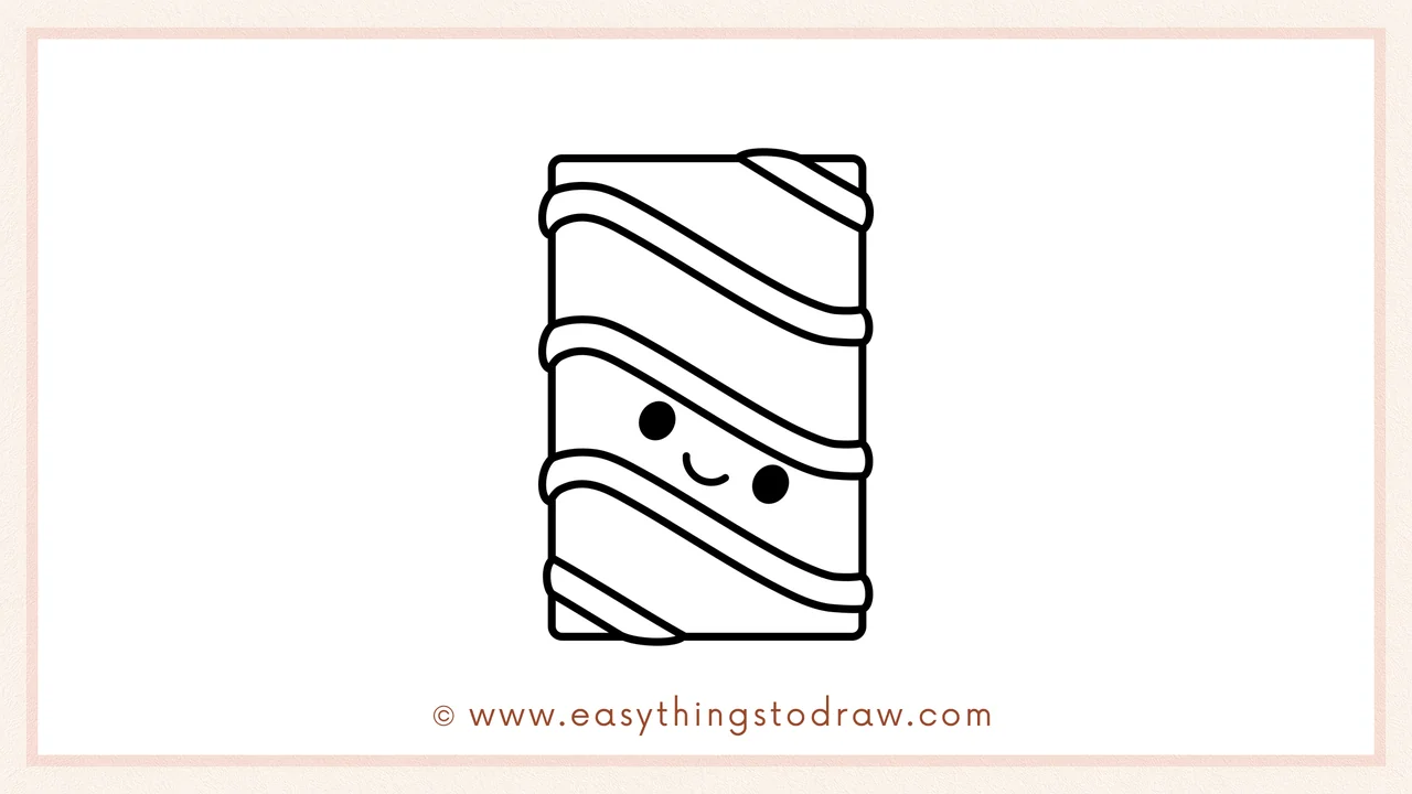 Step 6 of a simple Valentine's Day chocolate drawing tutorial – Adding two small circle eyes and a U-shaped smile to the bar.