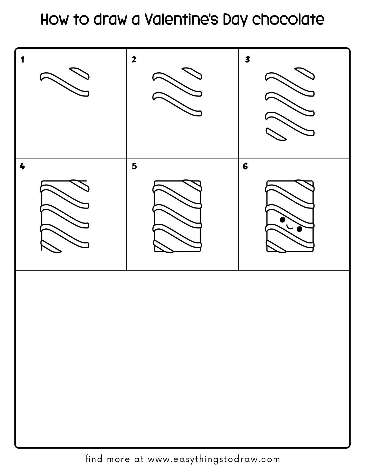 Step-by-step drawing tutorial showing how to draw a cute Valentine's Day chocolate bar in 6 easy steps for kids and beginners.