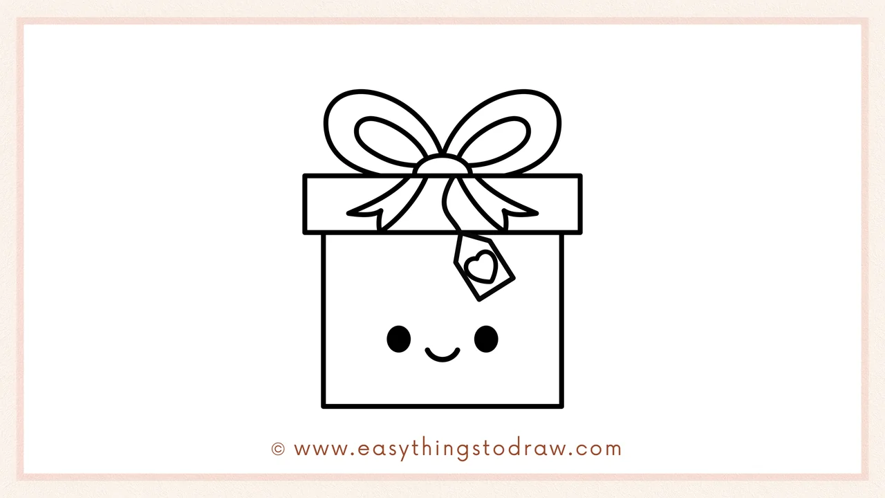 Step 6 of a simple Valentine's Day Gift drawing tutorial – drawing two dot eyes and a happy smiling mouth on the box.