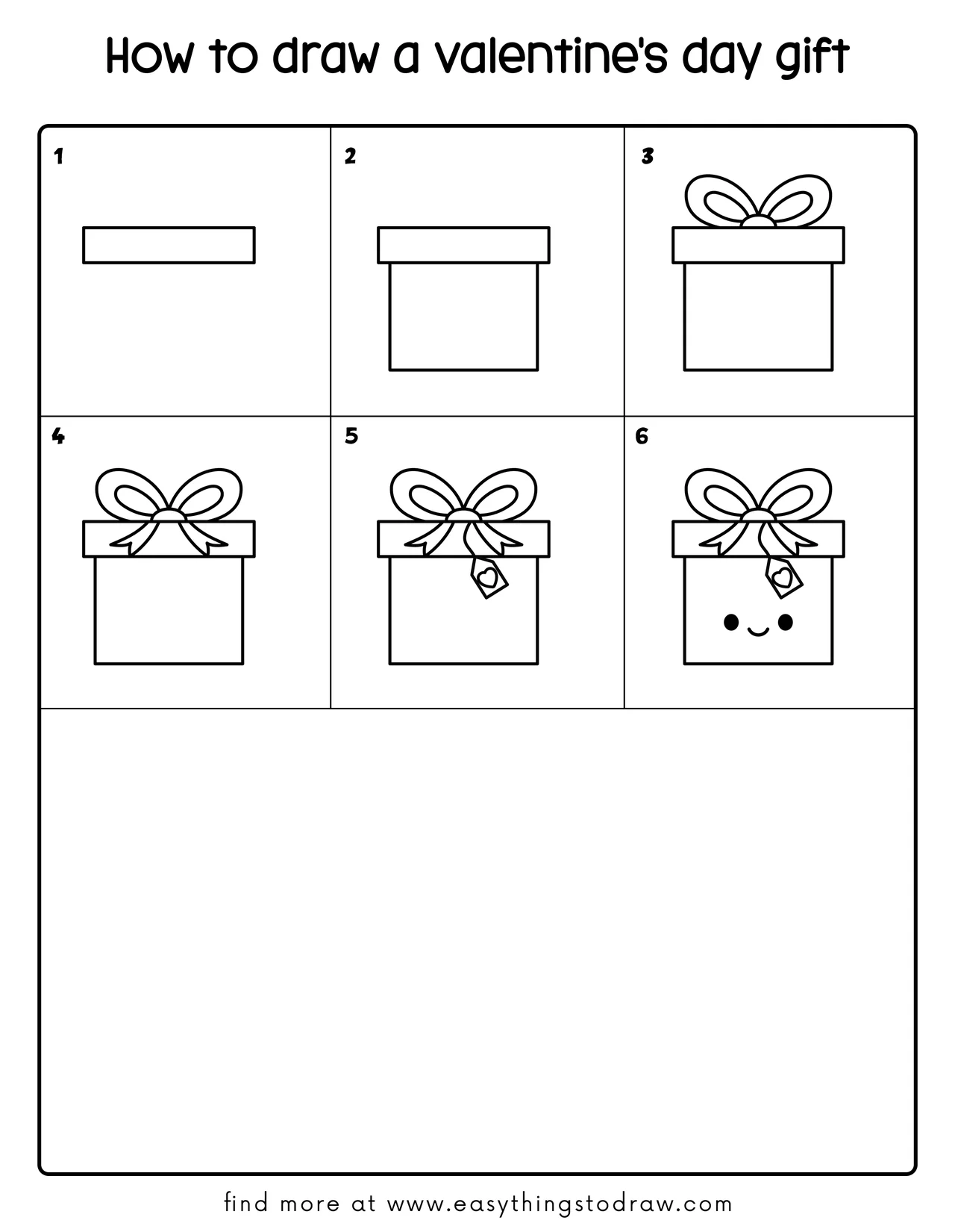 Step-by-step drawing tutorial showing how to draw a cute Valentine's Day gift in 6 easy steps for kids and beginners.