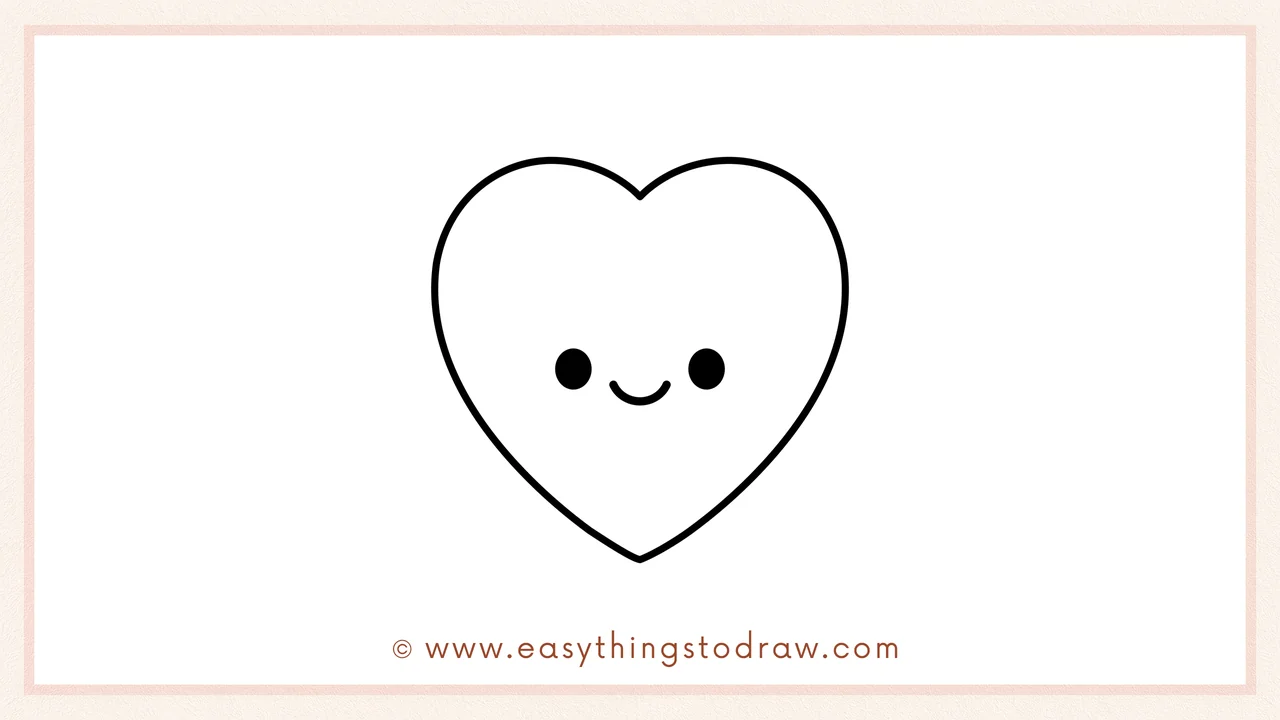 Step 6 of simple valentines day heart drawing tutorial – Add two small eyes and a smiling mouth for a cute face.