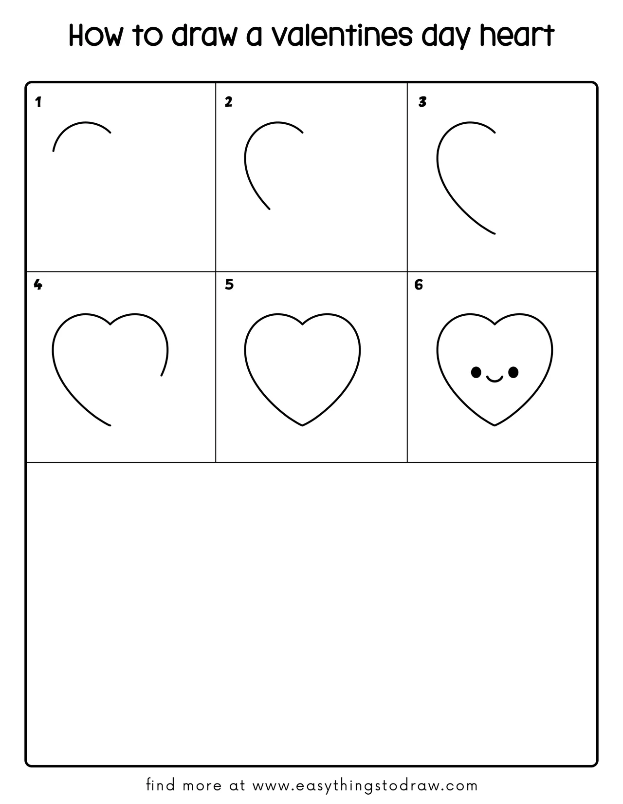 A step-by-step grid showing how to draw a cute Valentine's Day heart in 6 easy steps for kids and beginners.