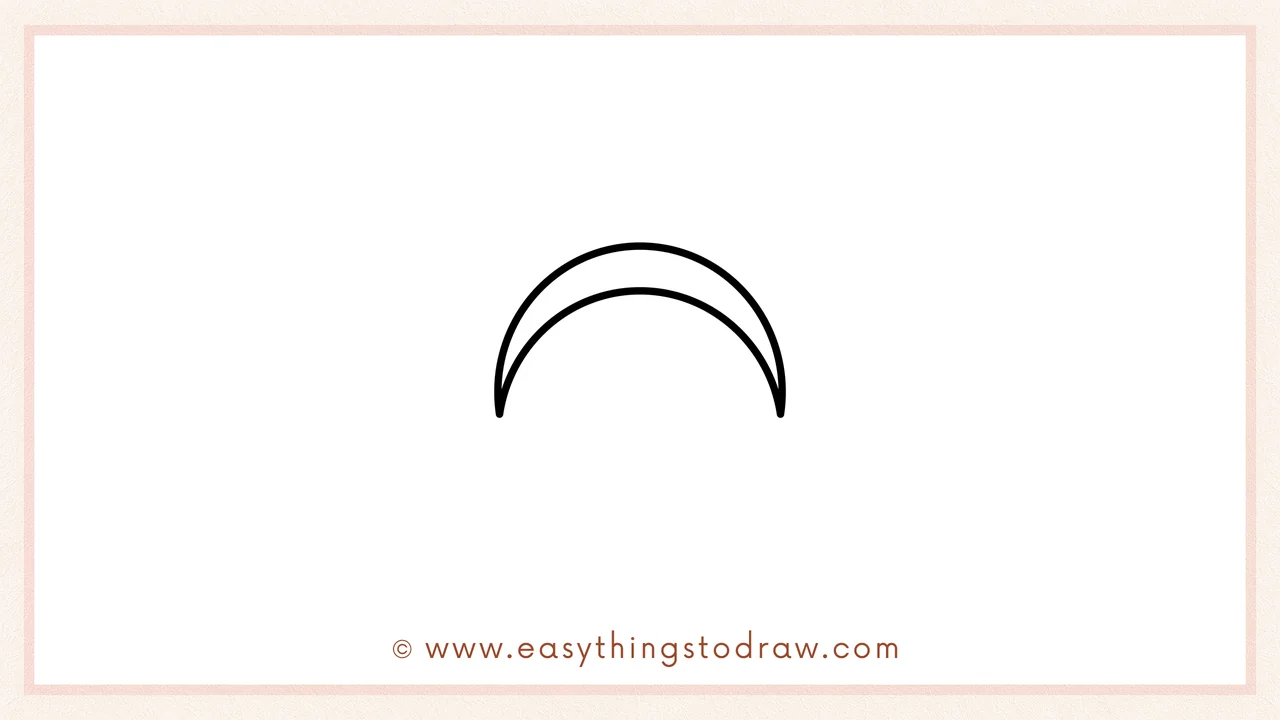 Step 1 of how to draw a valentines day kiss – Starting with a wide curved band for the hairline at the top of the head.