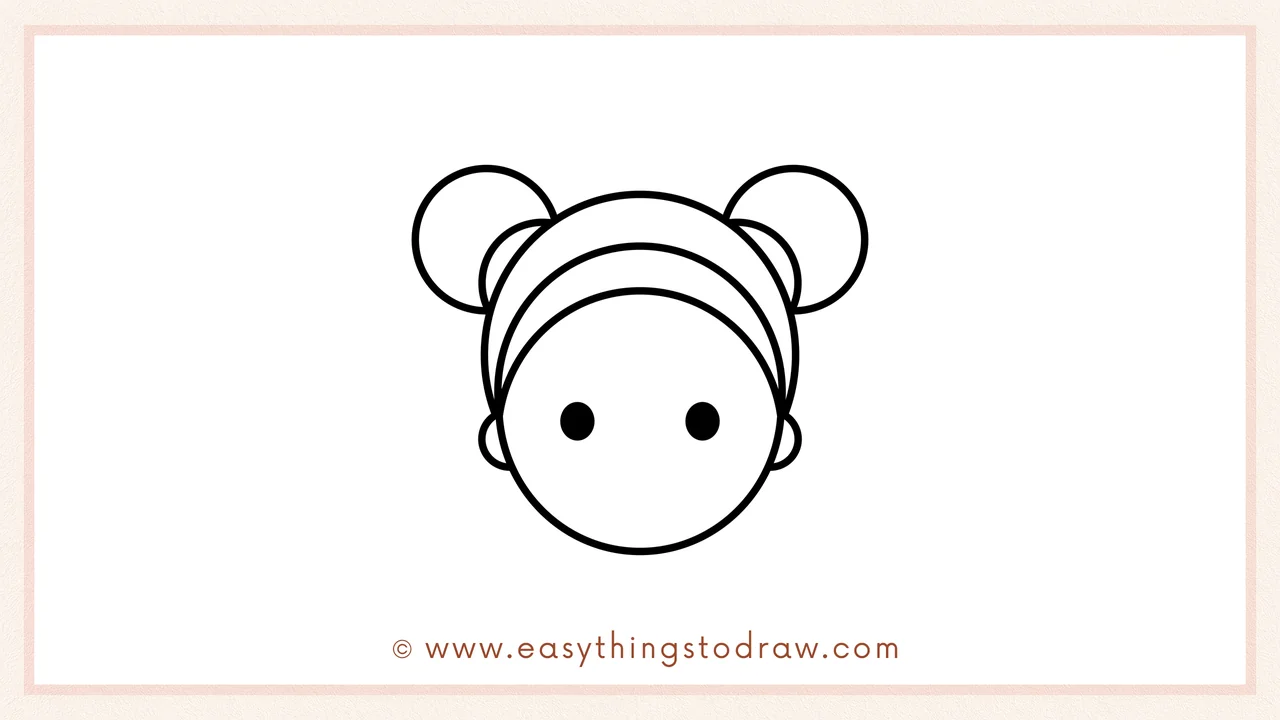 Step 5 of easy valentines day kiss drawing steps – Two bold dots are drawn for the eyes and small semicircles for the cheeks.