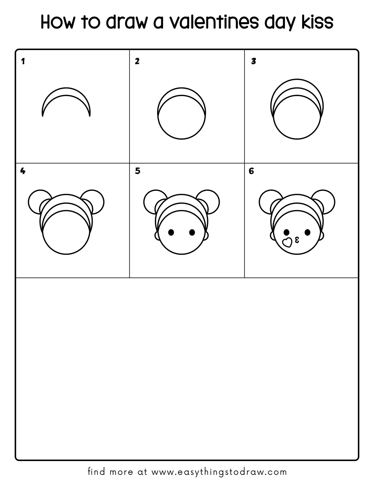 Step-by-step drawing tutorial showing how to draw a cute Valentine's Day kiss character in 6 easy steps for kids and beginners.