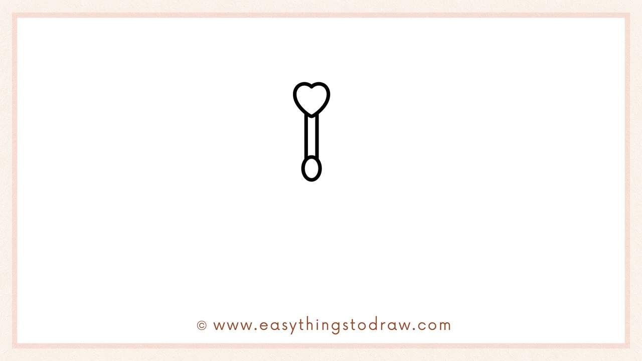 Step 1 of how to draw a Valentine’s Day mailbox – a vertical flag with a heart on top and an oval at the bottom is drawn on the right side.