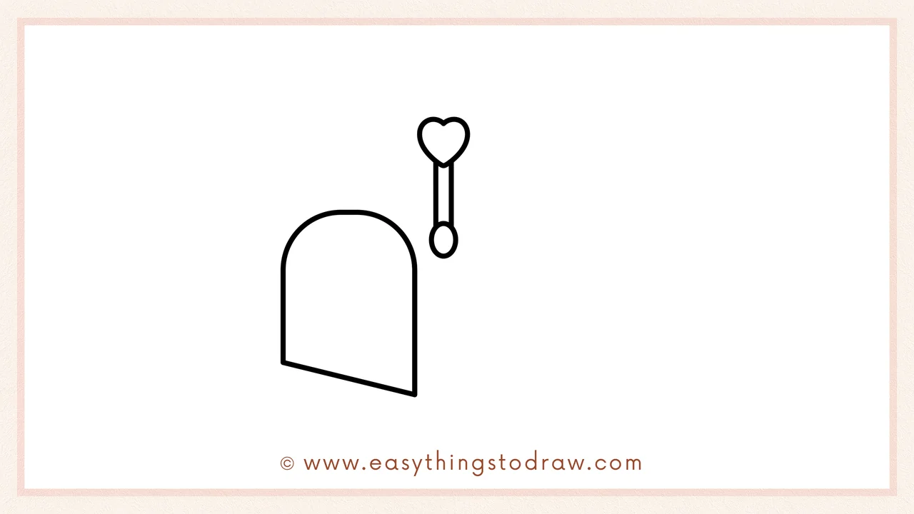 Step 2 of drawing a Valentine’s Day mailbox – an open, U-shaped door with a slanted bottom is added to the left of the flag.