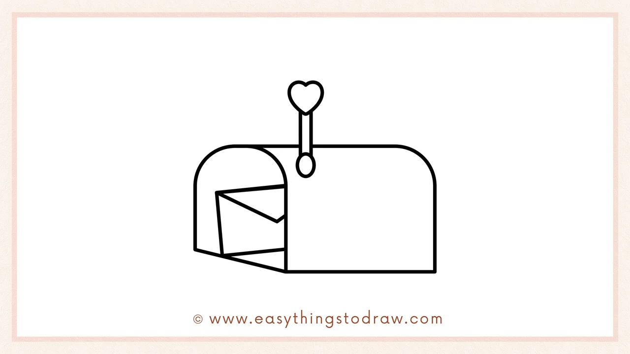 Step 4 of step-by-step Valentine’s Day mailbox sketch – a single rectangular envelope with a triangle flap is drawn inside the mailbox opening.