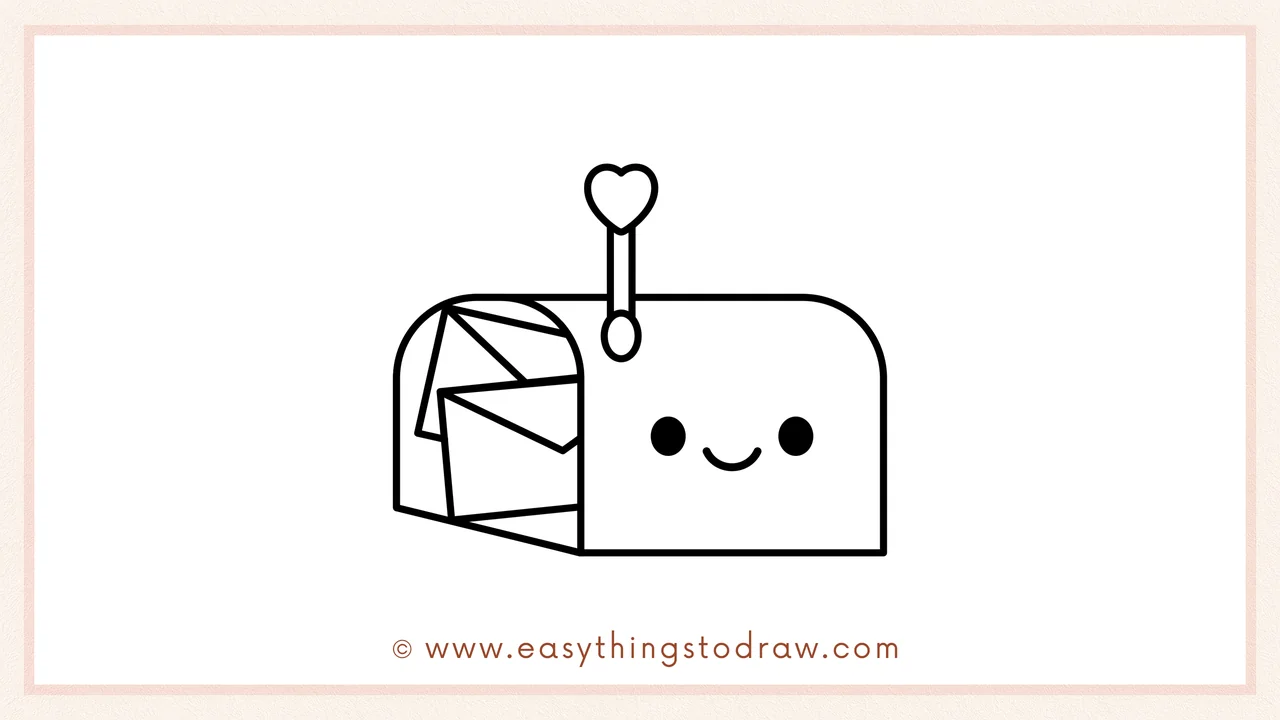 Step 6 of simple Valentine’s Day mailbox drawing tutorial – two small circles for eyes and a curved smile are added to the mailbox body.