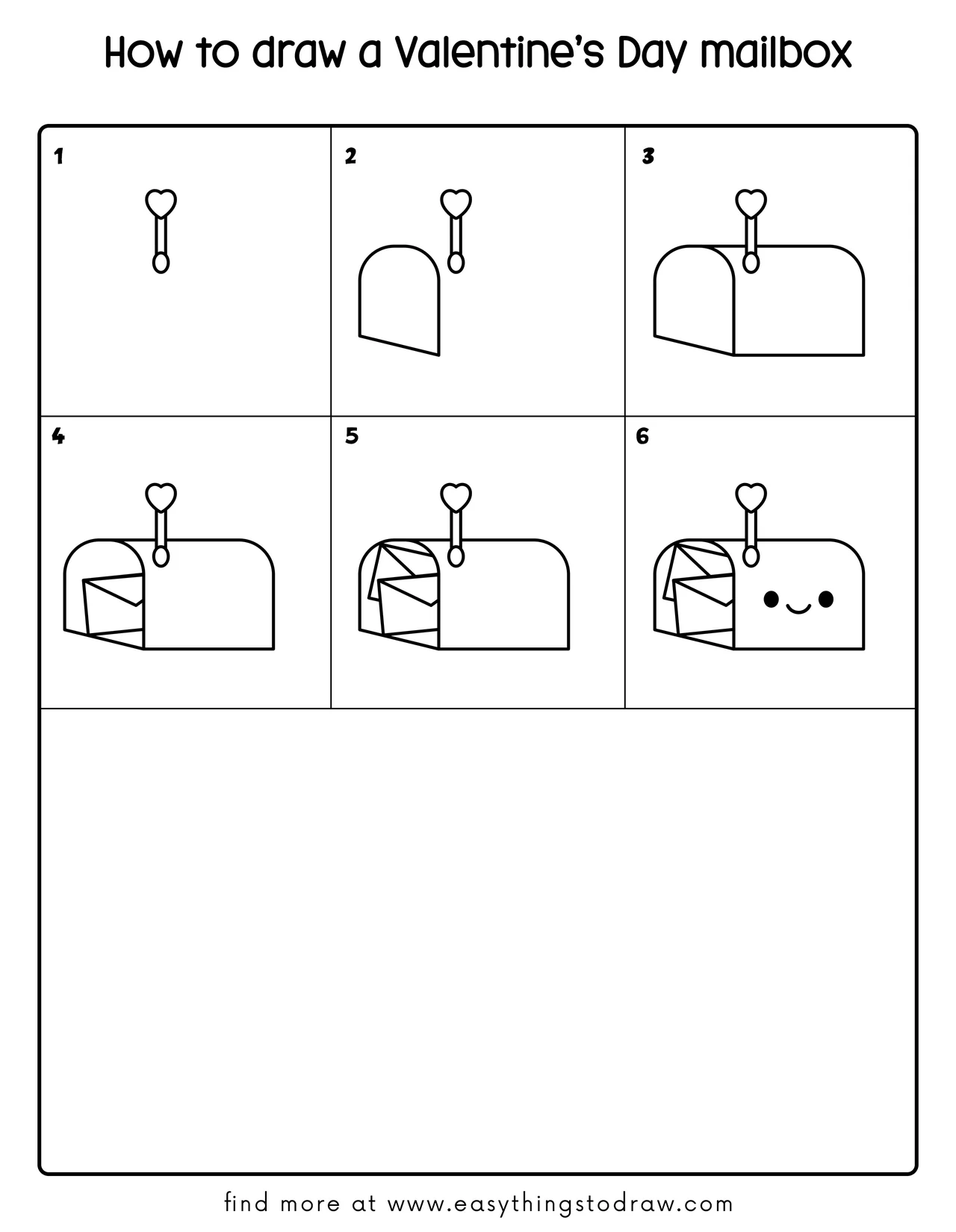 Step-by-step drawing tutorial showing how to draw a cute Valentine's Day mailbox in 6 easy steps for kids and beginners.