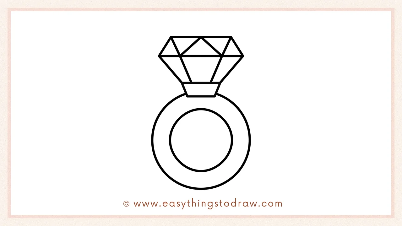 Step 5 of easy Valentine's Day Ring drawing steps – Sketching two concentric circles below the diamond to form the ring band.