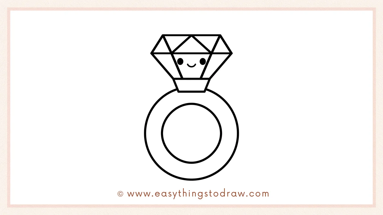 Step 6 of a simple Valentine's Day Ring drawing tutorial – Adding two dot eyes and a curved smile to the diamond for a cute look.