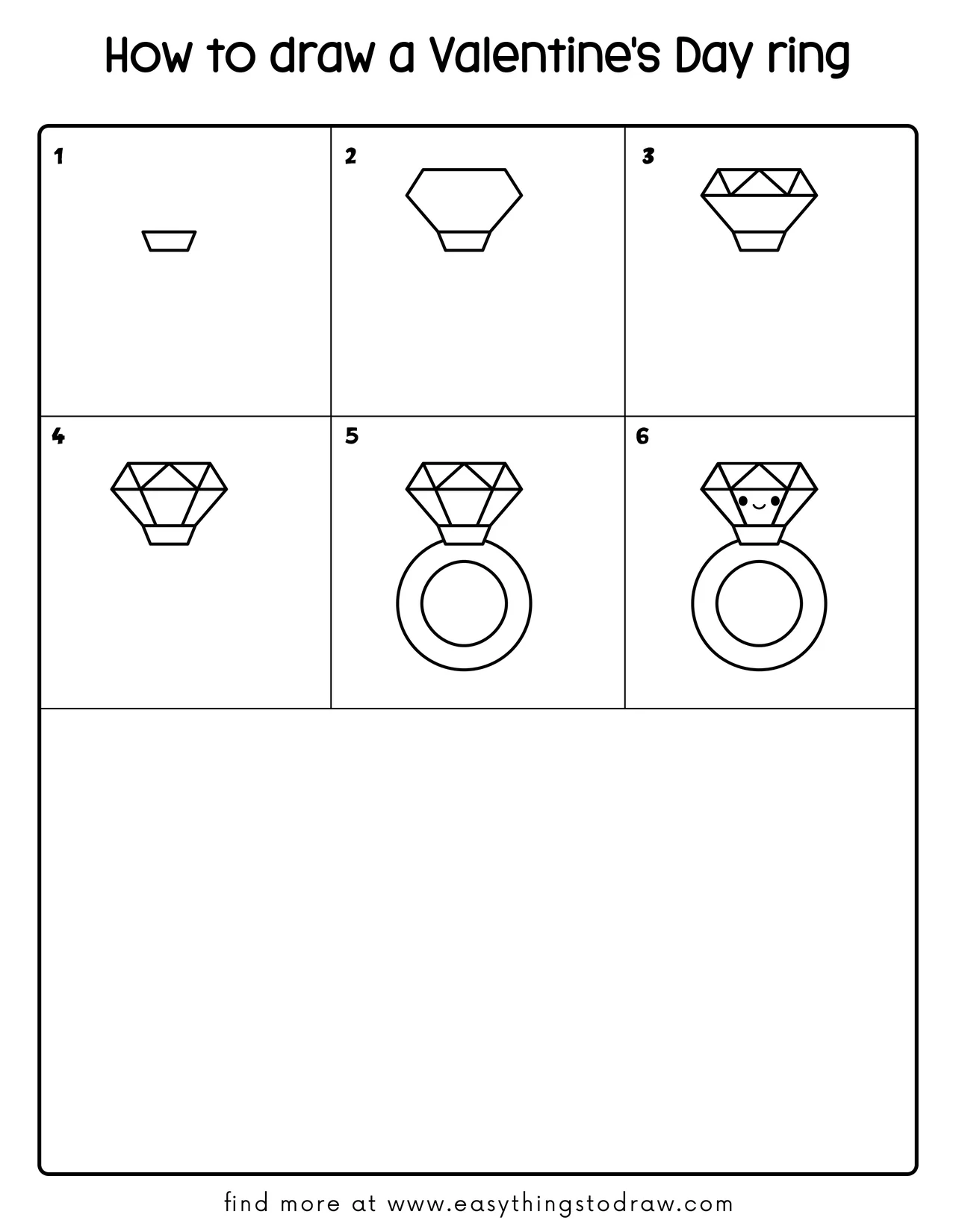 Step-by-step drawing tutorial showing how to draw a cute Valentine's Day Ring in 6 easy steps for kids and beginners.